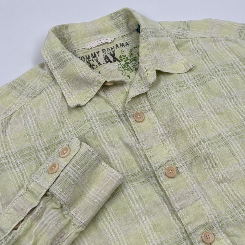 Tommy Bahama Relax Men's M Lime‎ Green Plaid 100% Linen Button Down Shirt